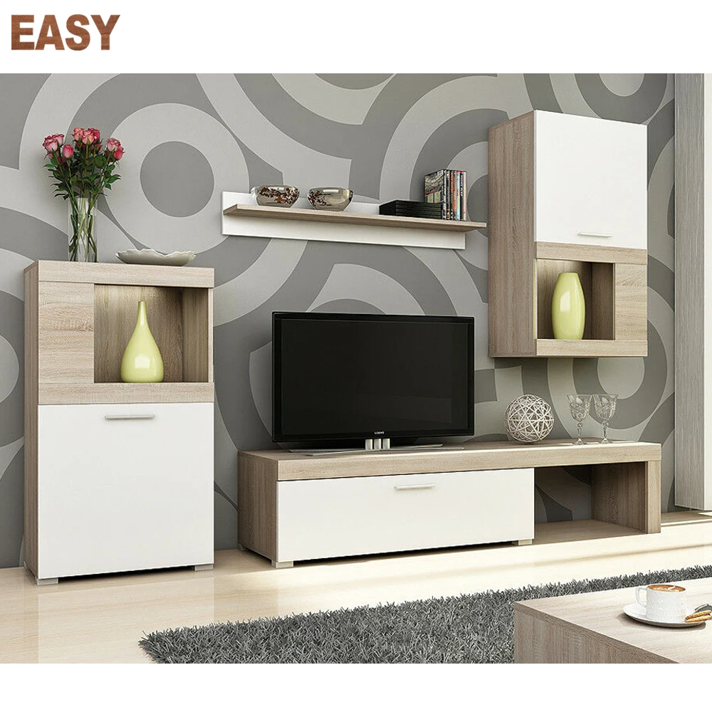 Living room furniture set white TV unit glass shelf display cabinet  LED light