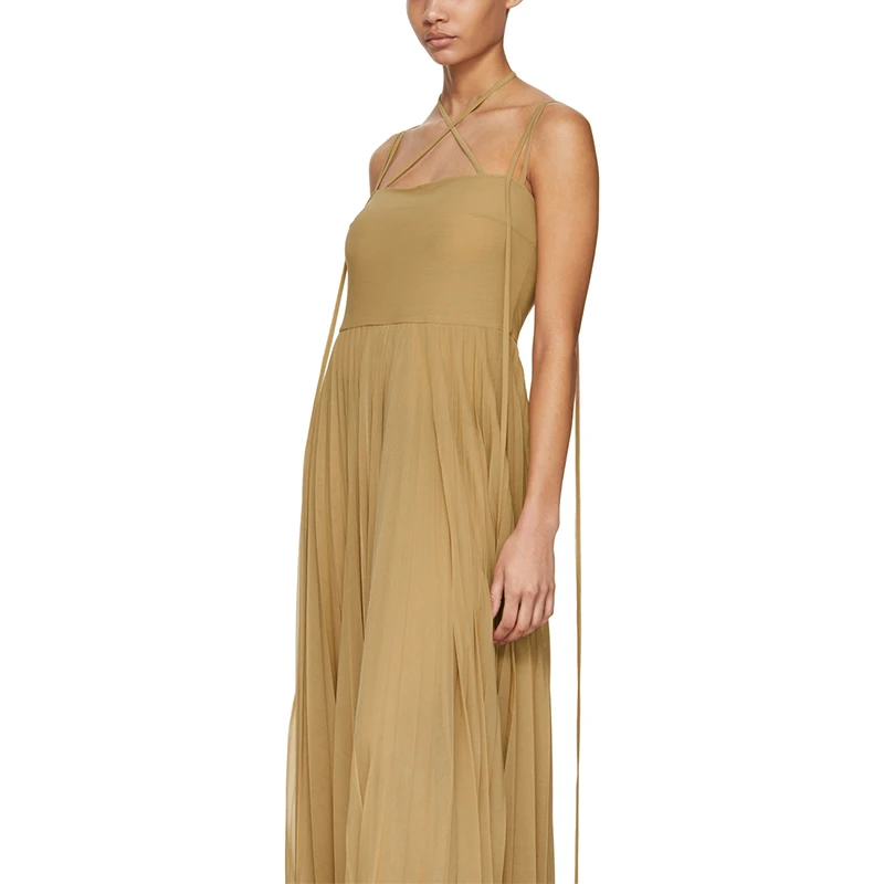 Wholesale Custom Brand Sleeveless Light Weight Mid-Length Pleated Criss-Cross Halter Pleated Tulle Yellow Evening Gown Dress