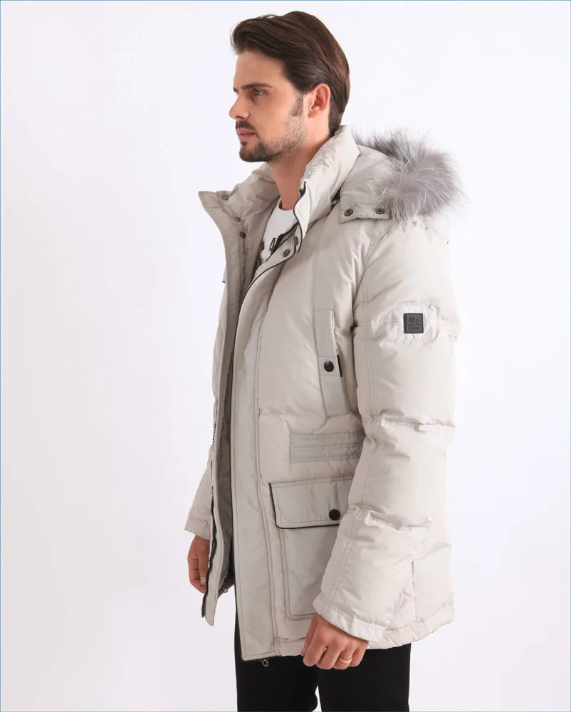 Winter Feather Down Filled Coat White Parka Fur Hooded for Men