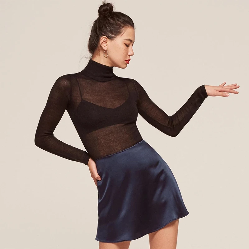 Premium soft silk charmeuse elegant woman autumn navy mini satin skirt