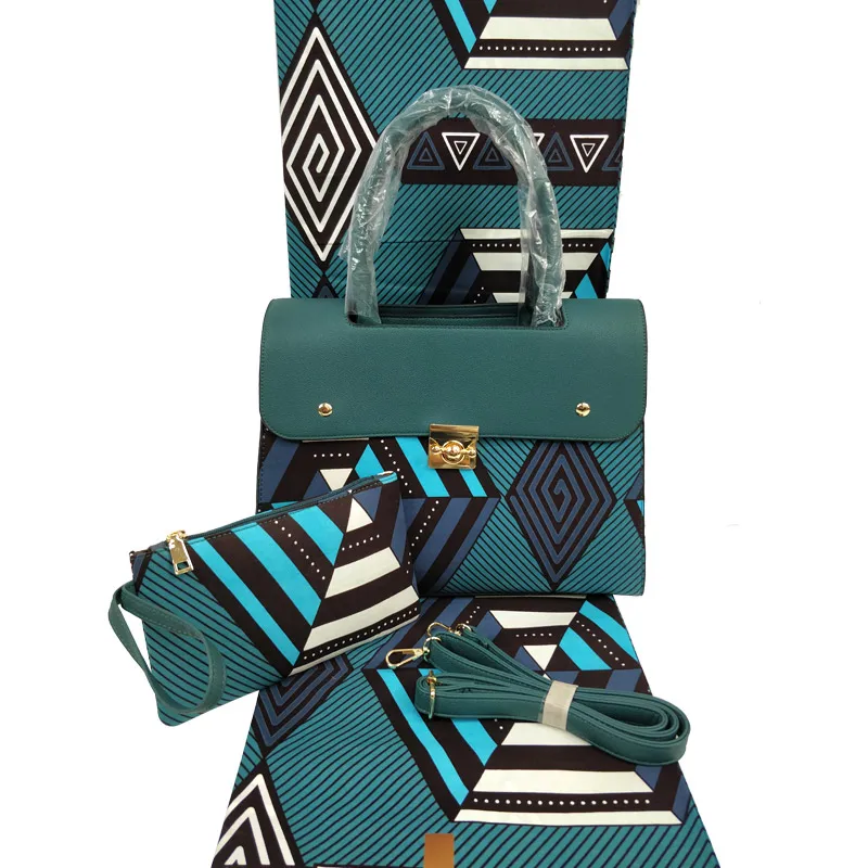 New arrival fashion lady handbag wholesale ankara fabric with matching bag green design wax fabric
