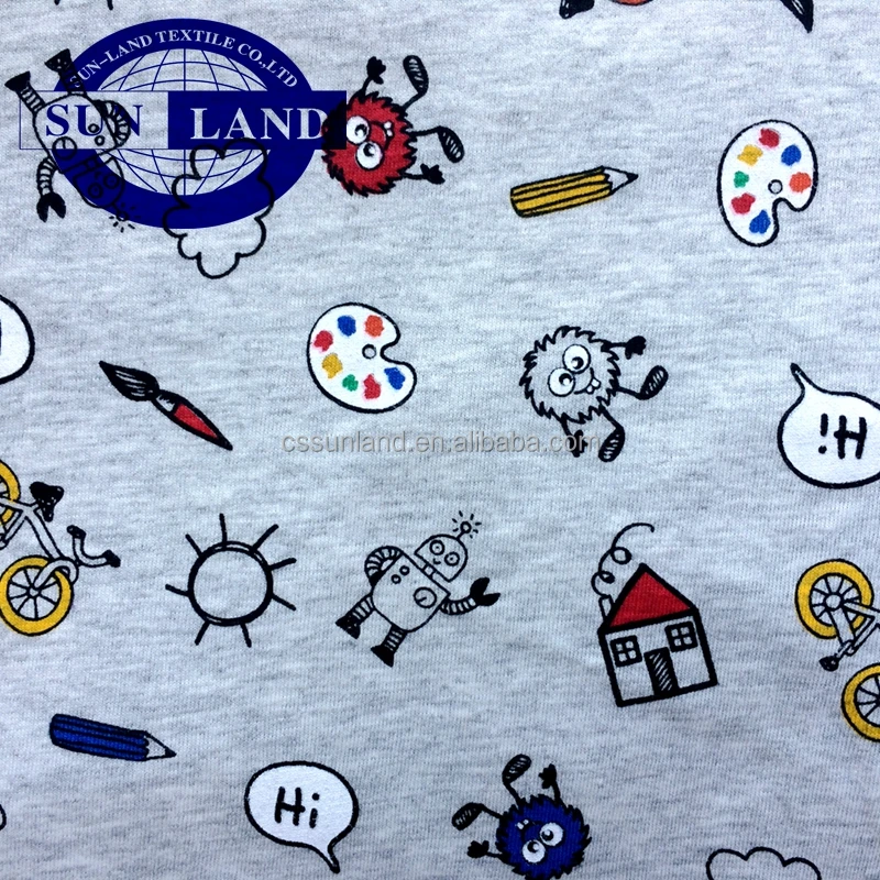kids pajamas clothing yarn dyed cartoon printed 100% melange cotton  jersey fabric