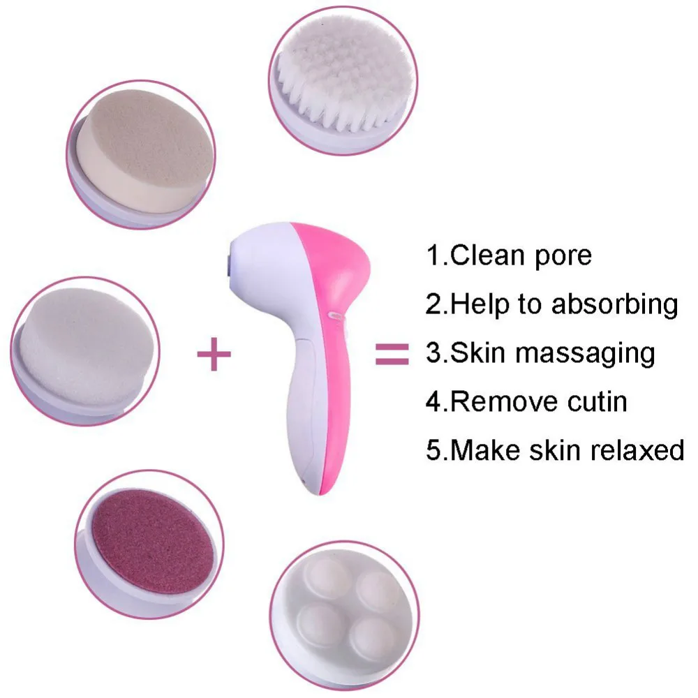 Electric Wash Face Machine Facial Pore Cleaner Body Cleaning Massage Mini Skin Beauty Massager 5 in 1 Battery Color Box