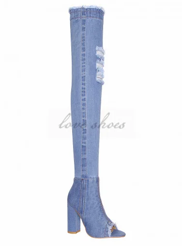 denim boots Over the knee Cut-out women Long Boots High Heels Sexy Thigh High Boots Jeans Denim Rome peep toe Sandal