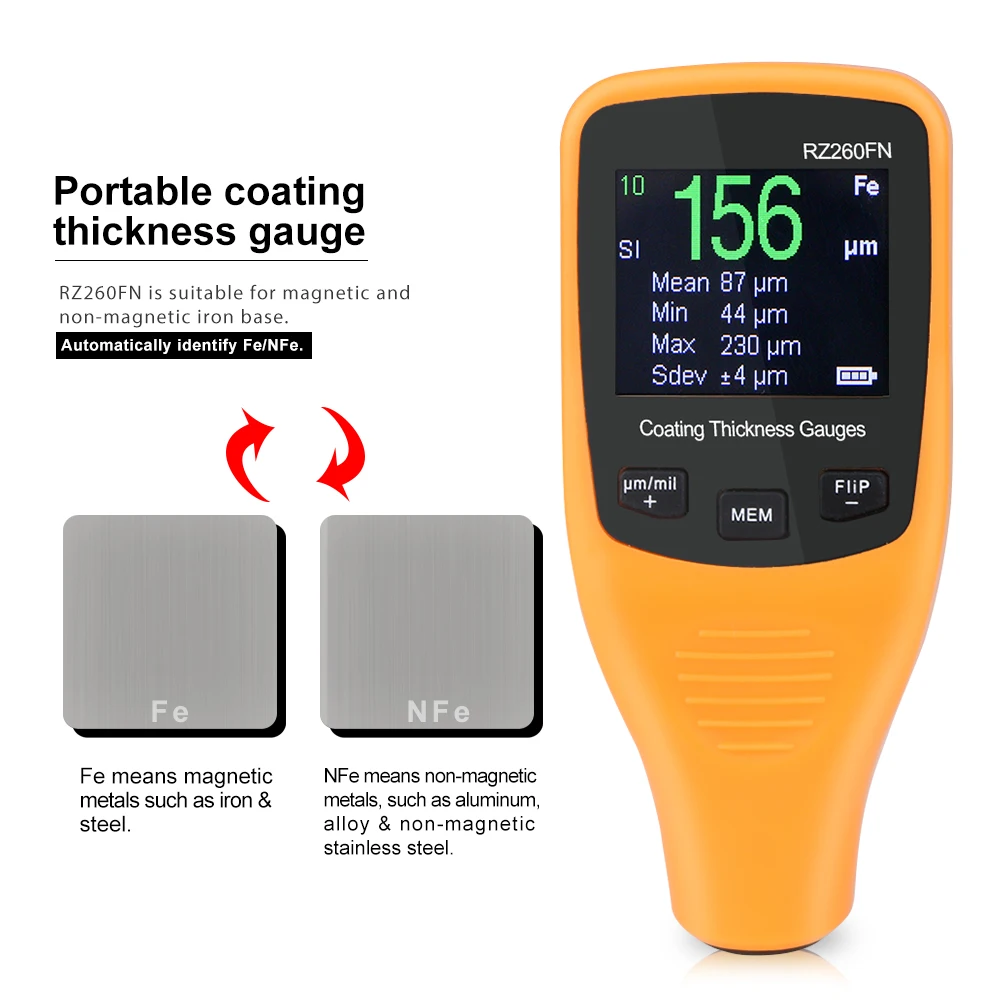 Digital Mini Paint Thickness tester Coating thickness gauge Car Body Tool Auto Fe and NFe 2 in 1 RZ260FN