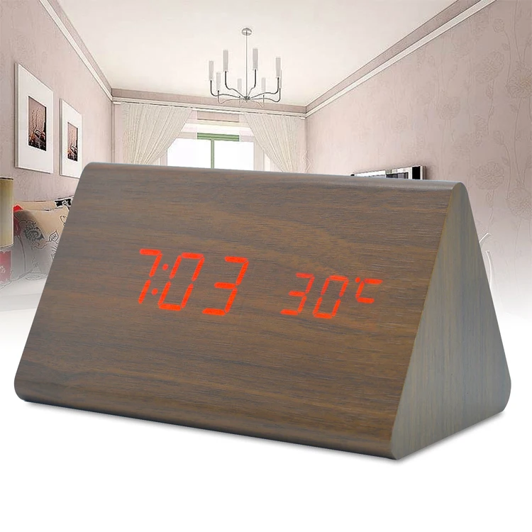 Chinese Home Deco Voice Control Electronic Digital Wood Alarm Clock