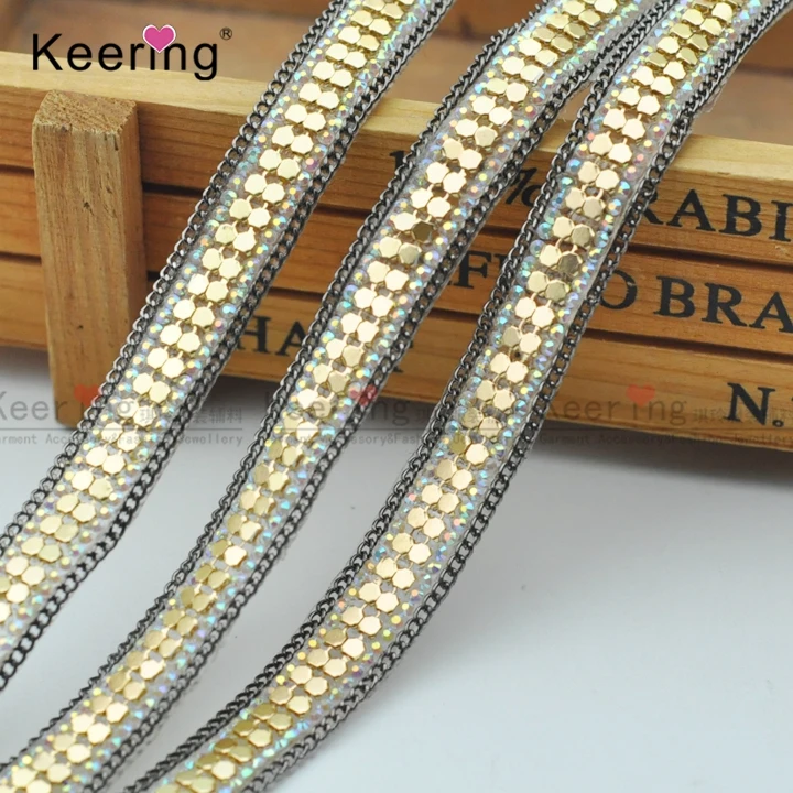 Iron on  Ball Chain Sides Custom  Decorative Hotfix Metal Piece Chain Tape Rhinestone Applique Trim