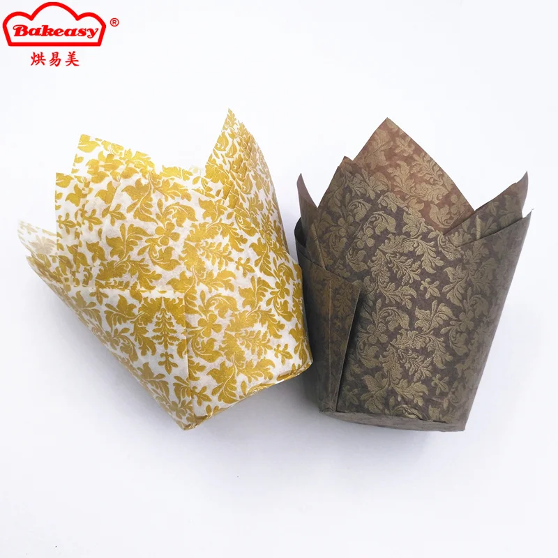 Baking Liners tulip muffin cup new design hot 200pcs Pack Gold Leaf print