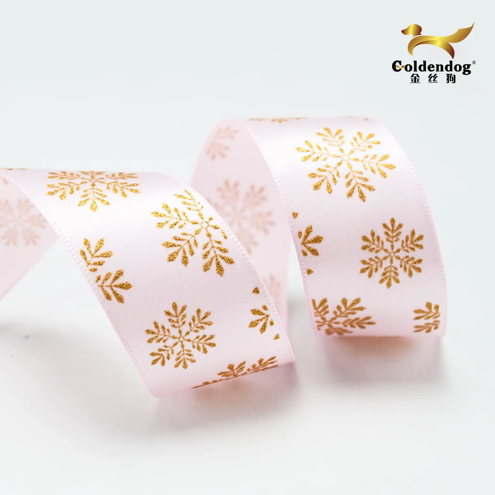 Manufacturer of single face red polyester ribbon satin christmas printed sliver and gold snow ribbon 25mm