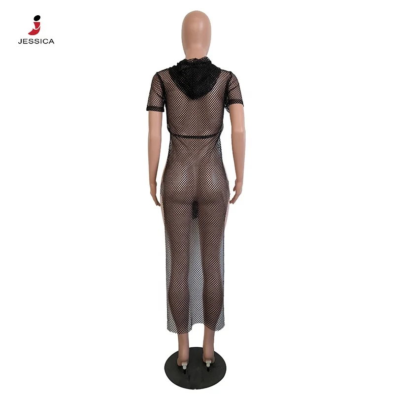 SYA8235 Sexy Fishnet Transparent Short Sleeves Slit Cover Up Club Black Dress