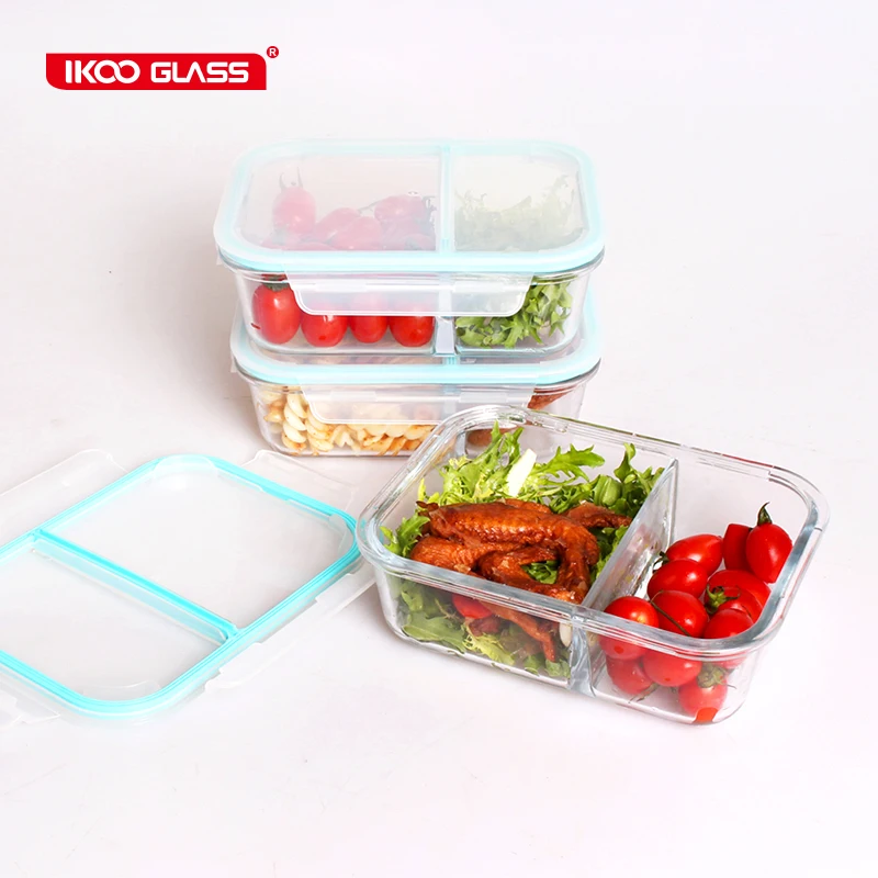 IKOO microwavable bento lunch box 2 compartments glass food storage containers with PP lids