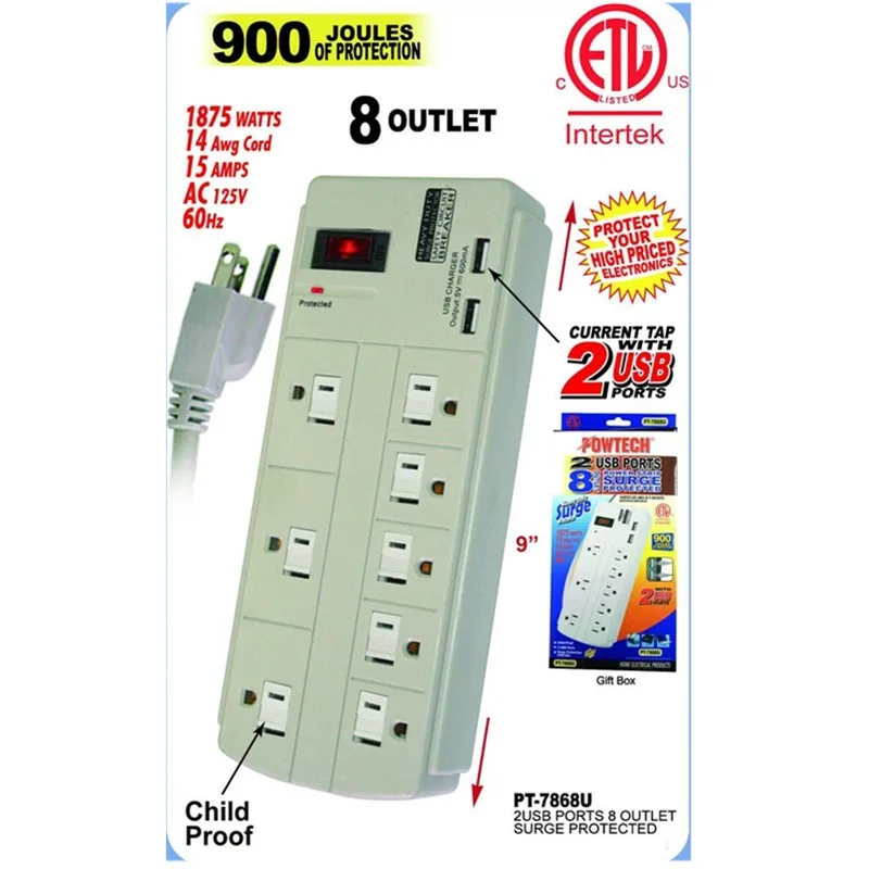 8 Outlet Power Strip with 2 USB Ports
