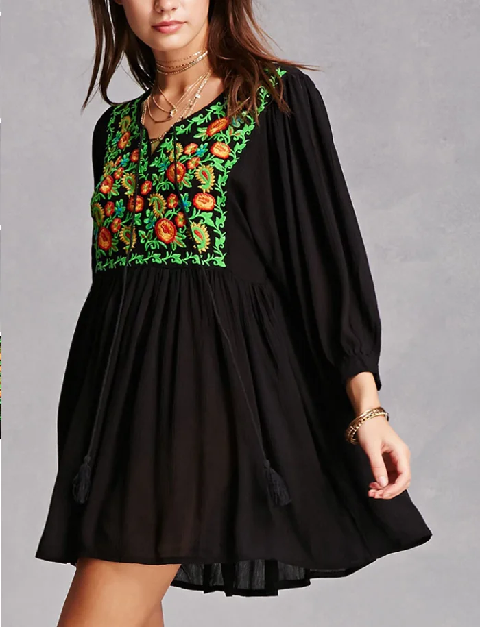 High quality fashion women wear embroidery long black tunic blouse