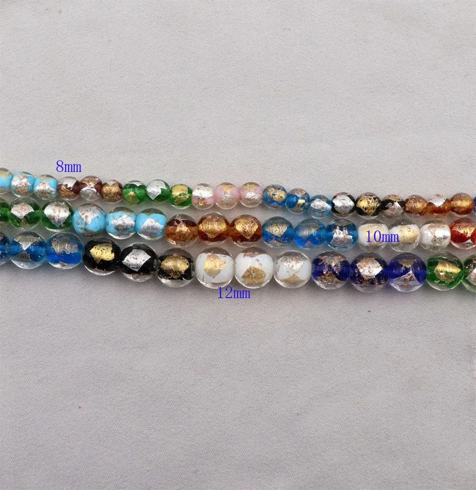 Murano Glass Half Gold Foil Leaf Beads Handmade Round Half Silver Foil Leaf Mala Beads Lampwork Gold Sand Aventurine Stone Beads