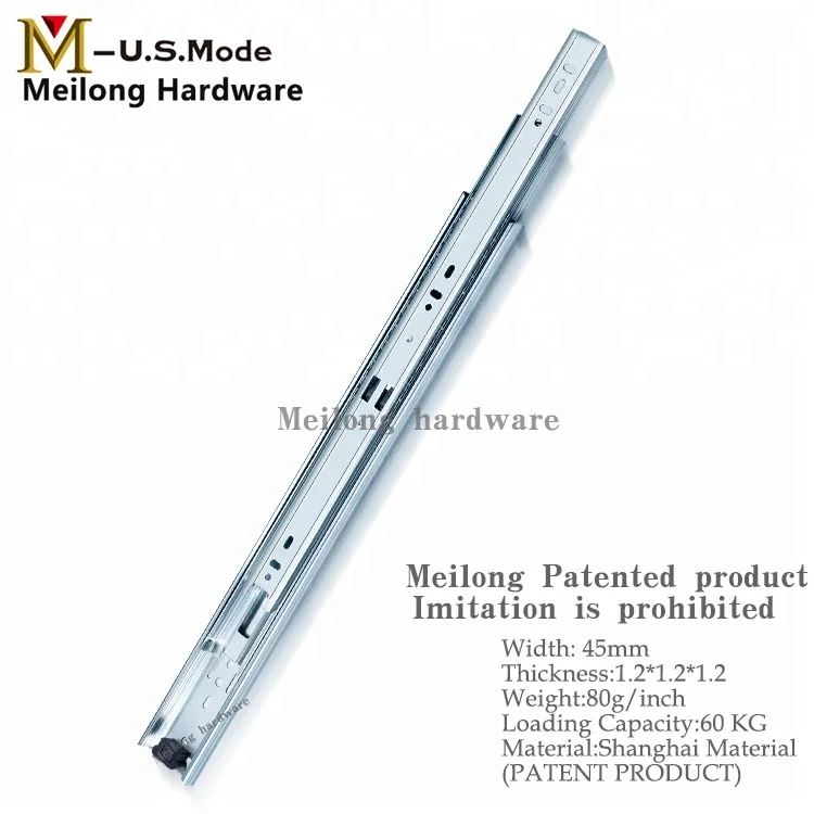 Meilong hardware Patented product 3 Fold Full Extension Ball Bearing Drawer Slide Rail/ Telescopic Channel for table 45mm