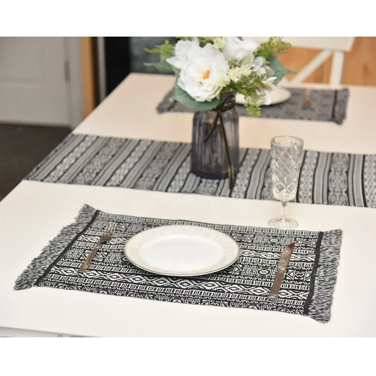 
Wholesale home textile fringes black placemats printed woven fabric table mat placemat dining mat plate mat 
