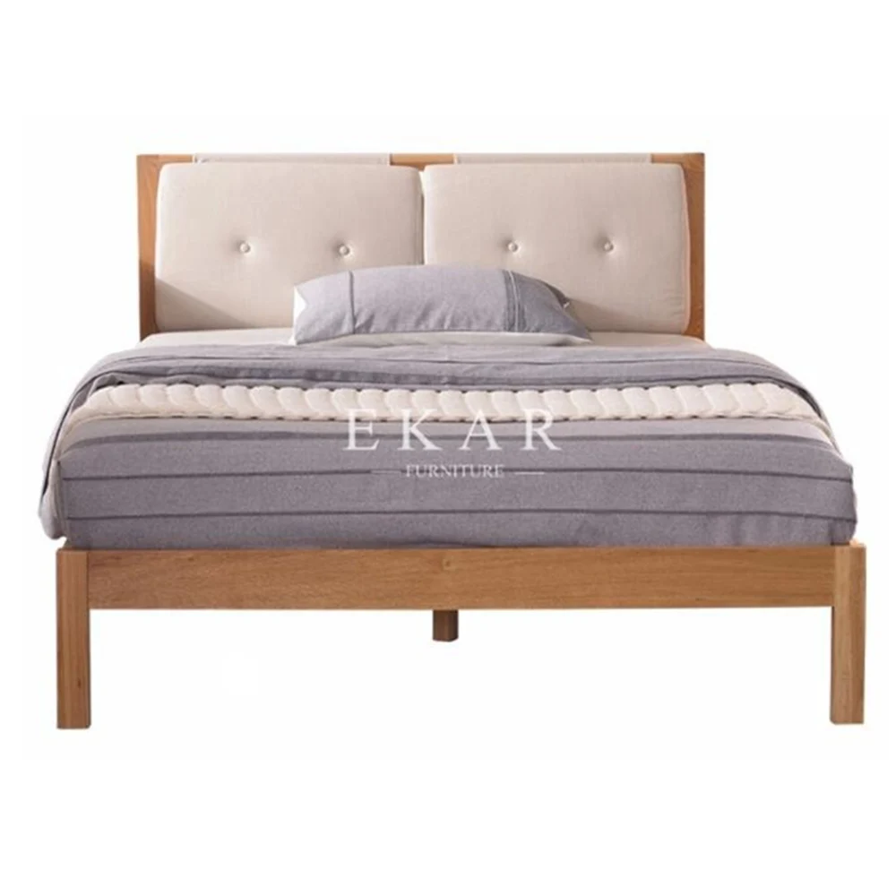 Fashion Modern Bedroom Furniture Solid Wood Bed Frame Fabric Headboard Nordic Simple Style Wooden Double Bed