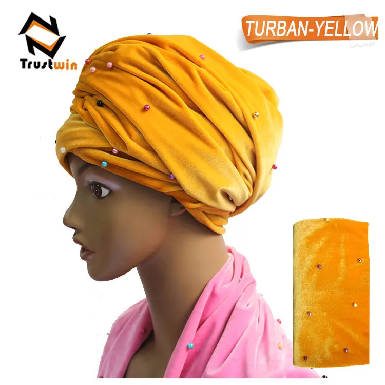 Hot sale fashion style headwraps african women beaded velvet turban