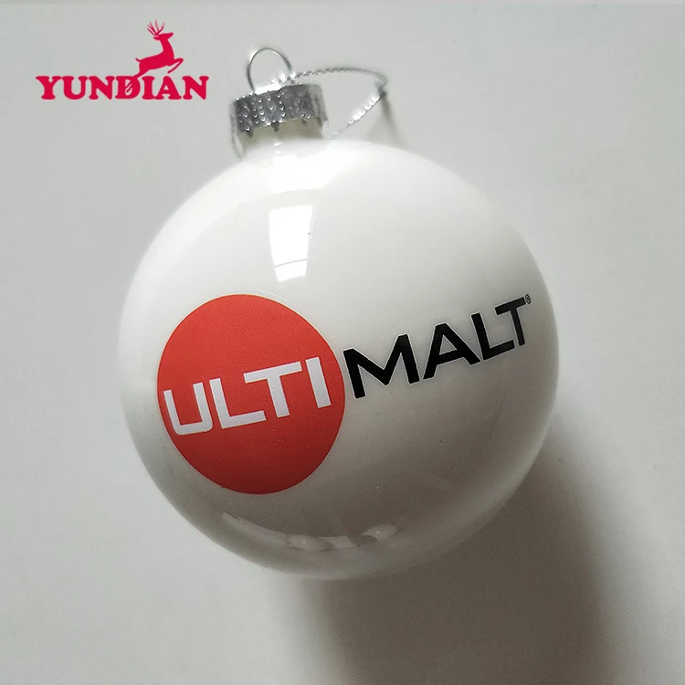 Оптовая продажа, декоративная подвесная Рождественская елка на заказ, 8 см, белые стеклянные украшения, шар с напечатанным логотипом для праздничного подарка