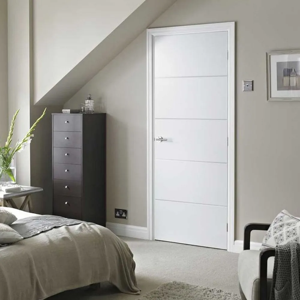 White Primed Wooden Door with Flush style groove line design for Interior Wooden Door