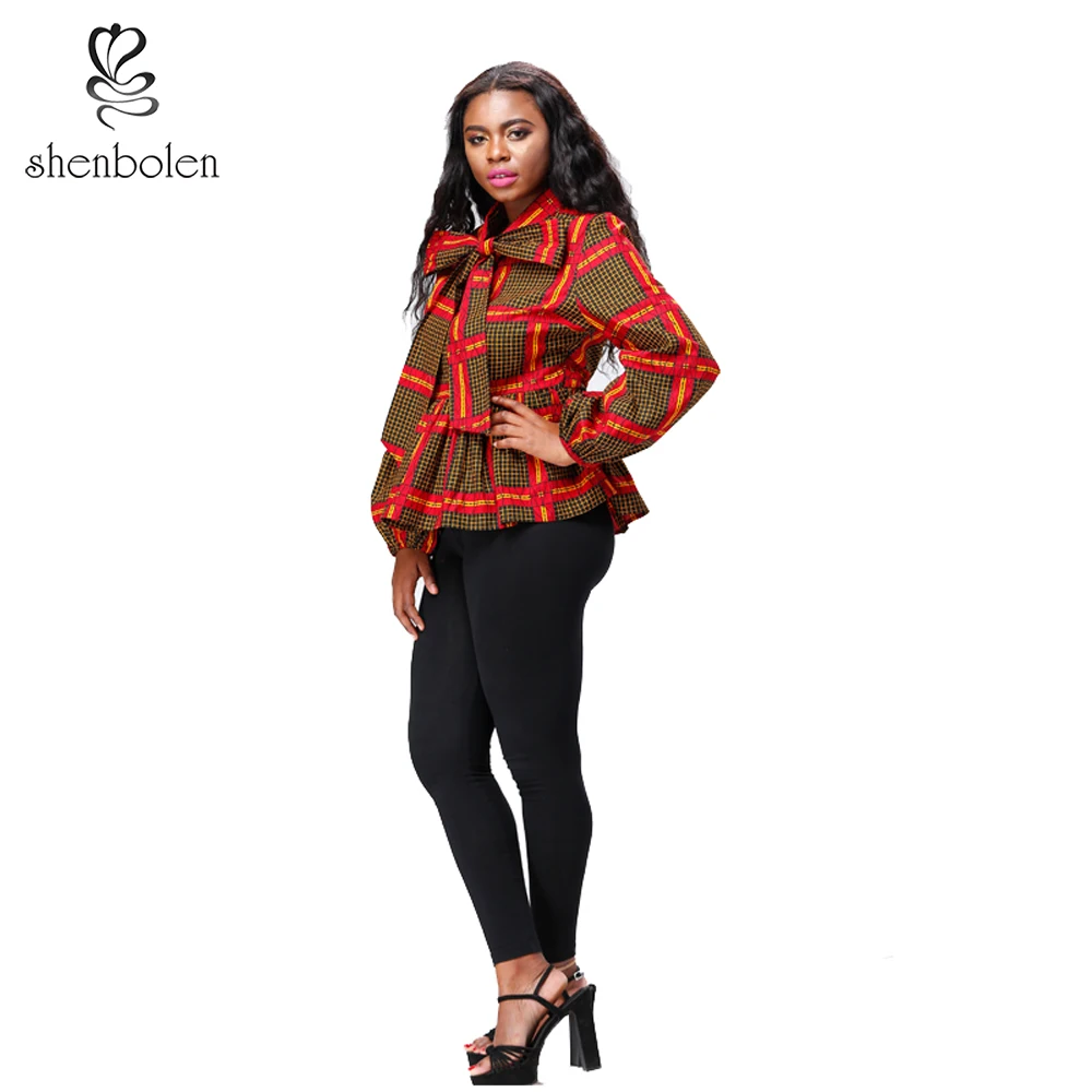 Fashion spring african print women long sleeve bow blouse ruffle bottom design casual top