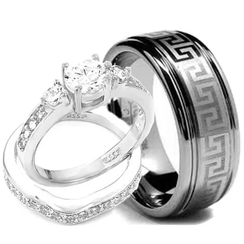 His & Hers 3 Pieces Engagement Wedding Rings Set