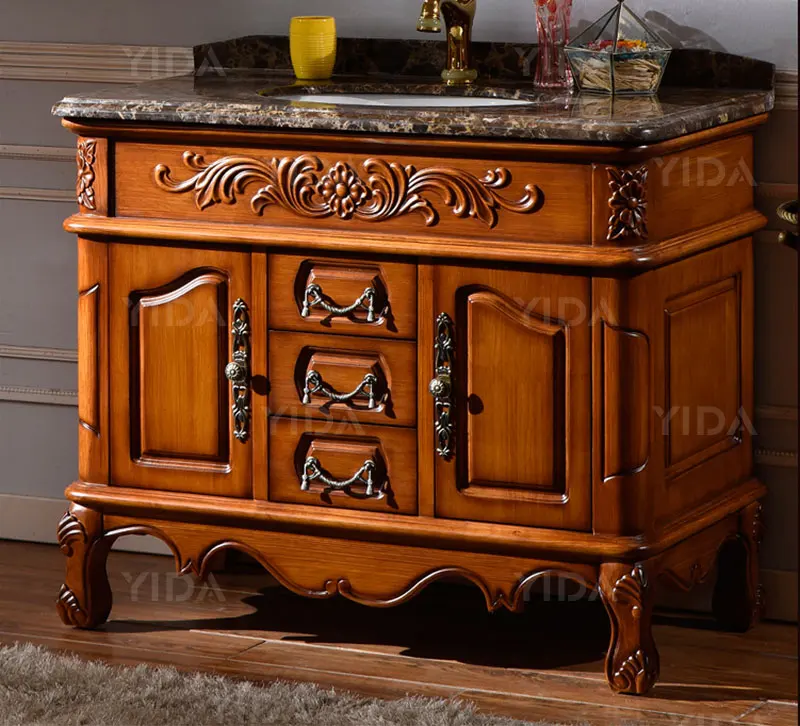 Foshan factory waterproof wood antique bathroom cabinet solid wood classic bathroom vanity cabinet