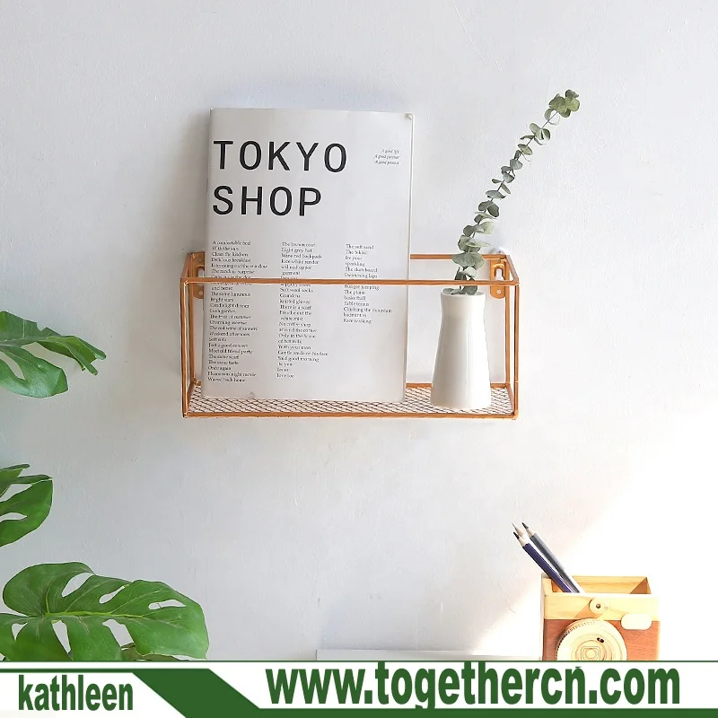 
Bathroom Kitchen Wall Decorative Floating Rectangle Gold Color Metal Wire Shelves 