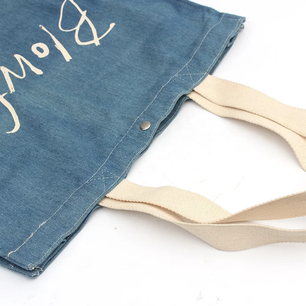 Cotton  Denim Fabric shopping tote bag with cotton handles and metal button
