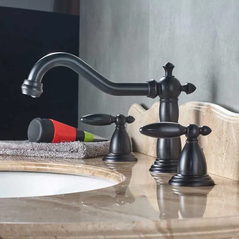 
Brand New Oil Rubbed Bronze Basin Faucet Deck Mounted Widespread Brass Dual Handle 3 Holes Bathroom Hot Cold Water Mixer Tap 