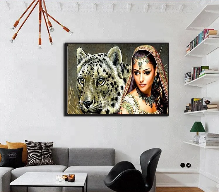 Full Drill Diamond Painting With Frame Woman Tiger Crystal Embroidery Rhinestone Pictures for Home Wall Decor Mosaic