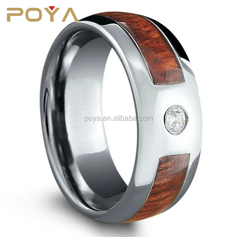 POYA Jewelry Wood Diamond Ring Crafted Out Of Tungsten Carbide - Genuine 0.02ct diamond Engagement Wedding Band