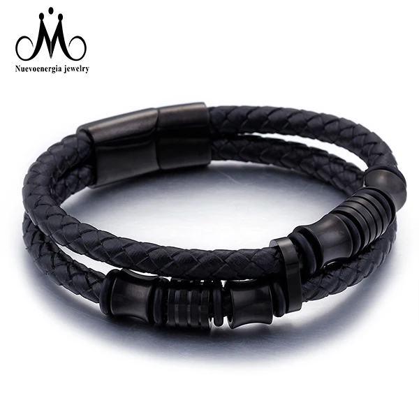 Fashion Double Braided Bracelets Accessories Black Gold Leather Bracelet Stainless Steel For Men