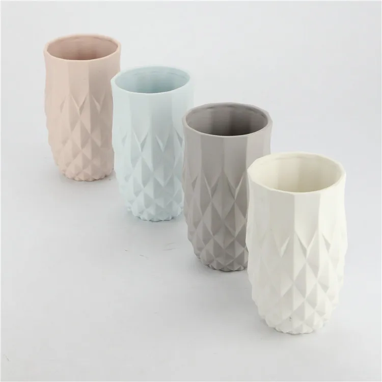 Unglazed Nude Matt Rhombus Fluted Table Decorative Ceramic Flower Vase