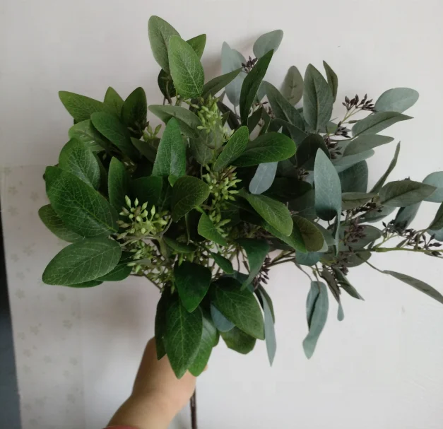 FC7003 Factory 3 branches green seeded artificial eucalyptus leaves foe sale