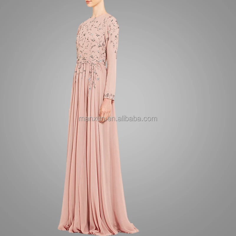 Ladies Dusty Pink And Silver Maxi Dress Women Soft Crepe Long Sleeves Bridesmaid Prom Dress