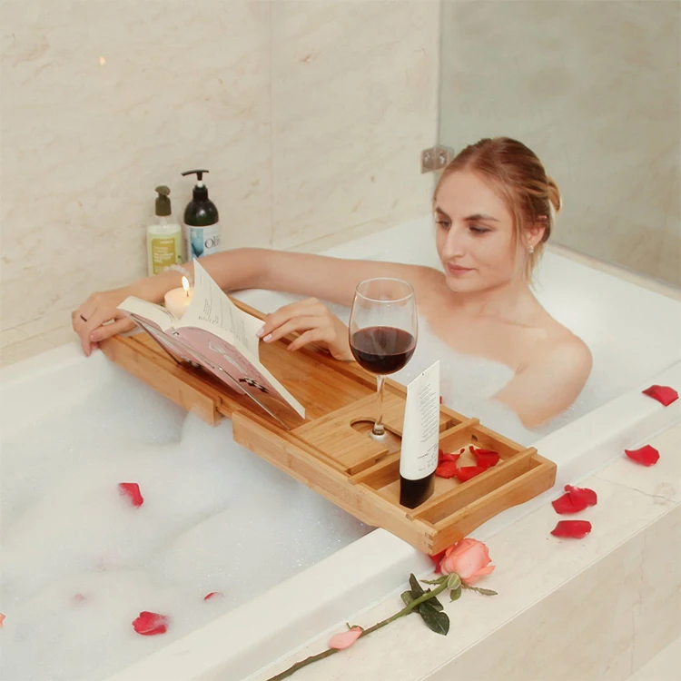2018 new products expandable bathtub caddy in bamboo bath
