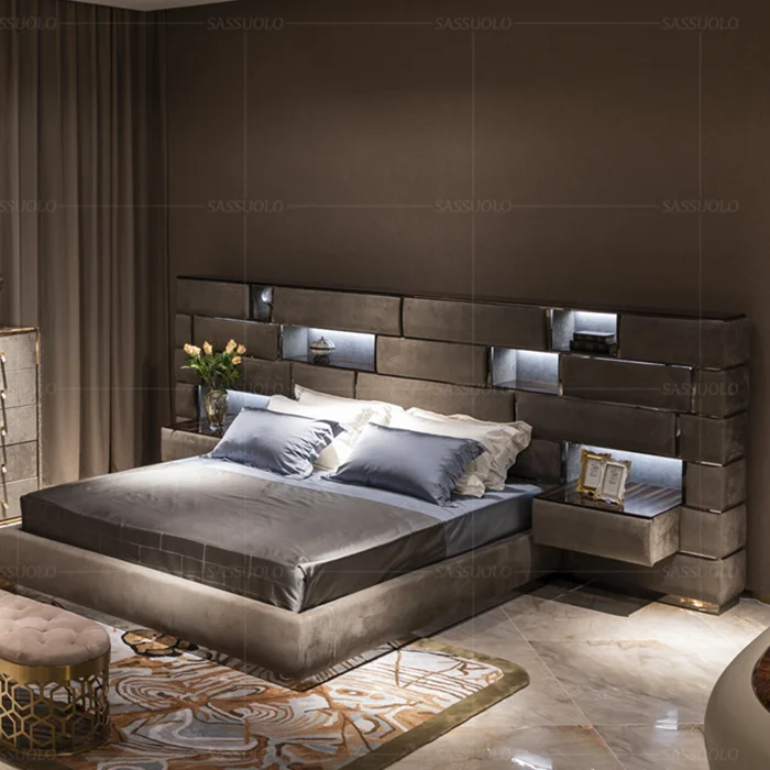 
sassuolo High quality bedroom furniture italian deluxe bed plus bedside table big bed latest postmodern double bed design 