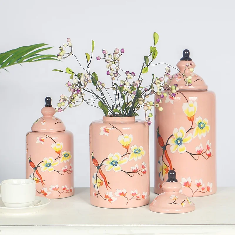pink ceramic jar with flower and bird painted for hotel or home decoration porcelain holiday gift wholesale