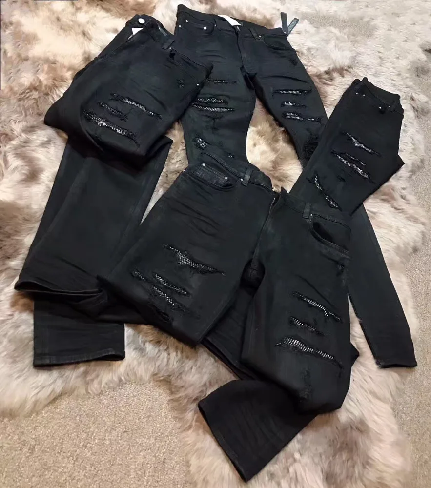 2019 wholesale custom g string spray jersey with jeans skinny ripped with rhinestone mens denim jeans pants men hecho en china