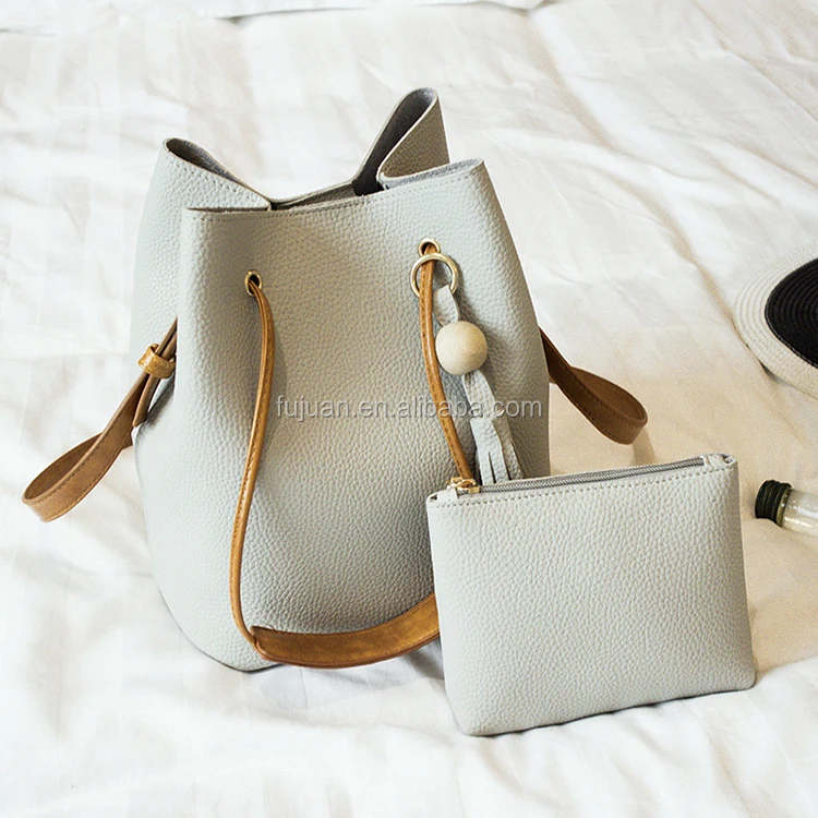 
High quality bag fabric pu leather litchi line long strap messenger bag 2 pieces metal small circle bucket bag purse organizer 