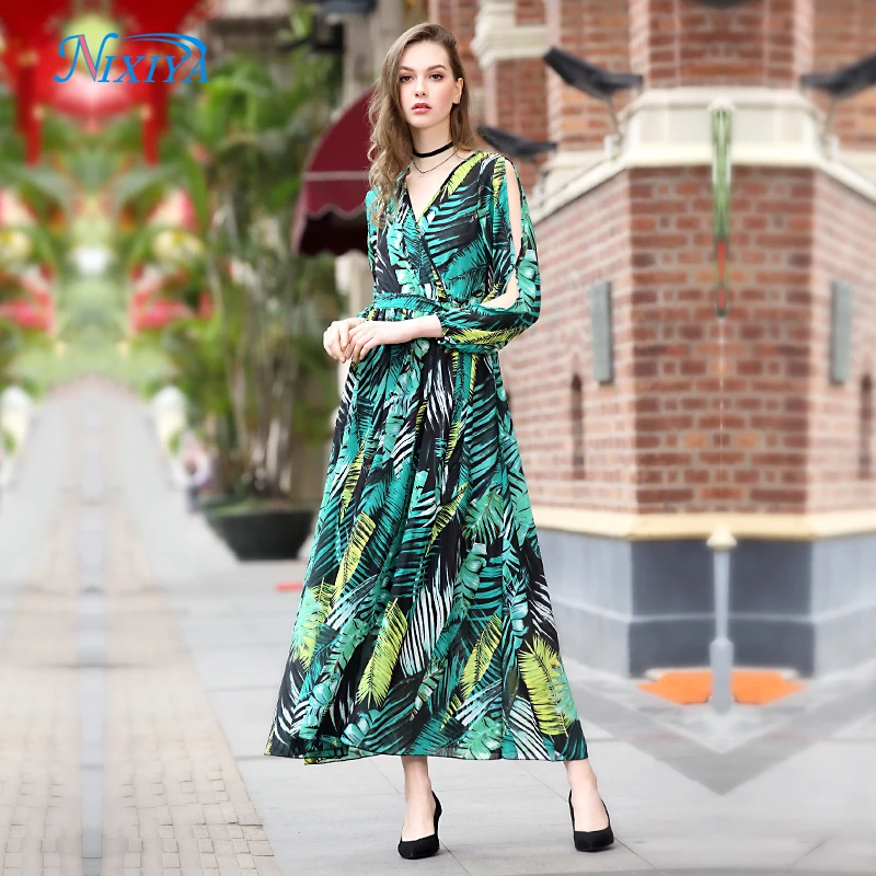 Dresses Print Summer Casual Sleeve Woman Full Natural OEM Service Floral Print  Adults Chiffon Maxi Green long dress women