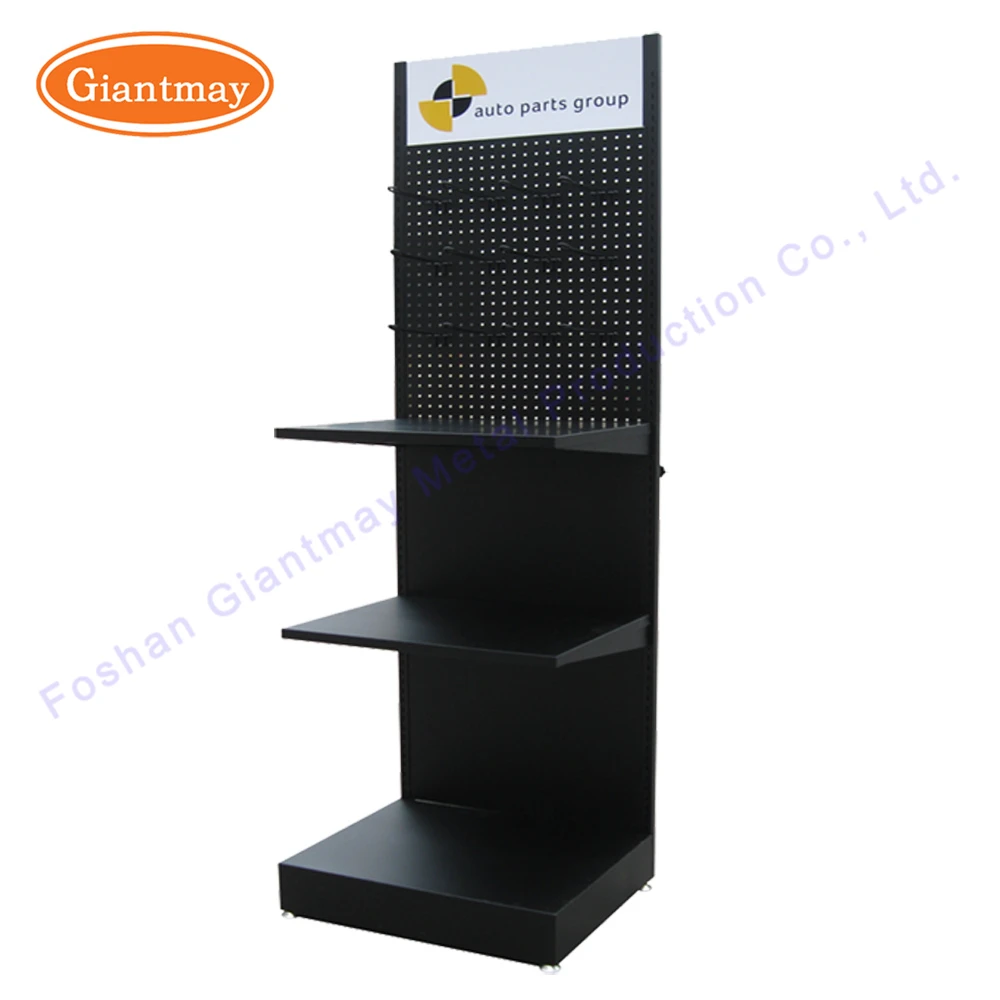 Metal Retail Store Products Floor Display Shelves Stand With Shop Hooks Racks