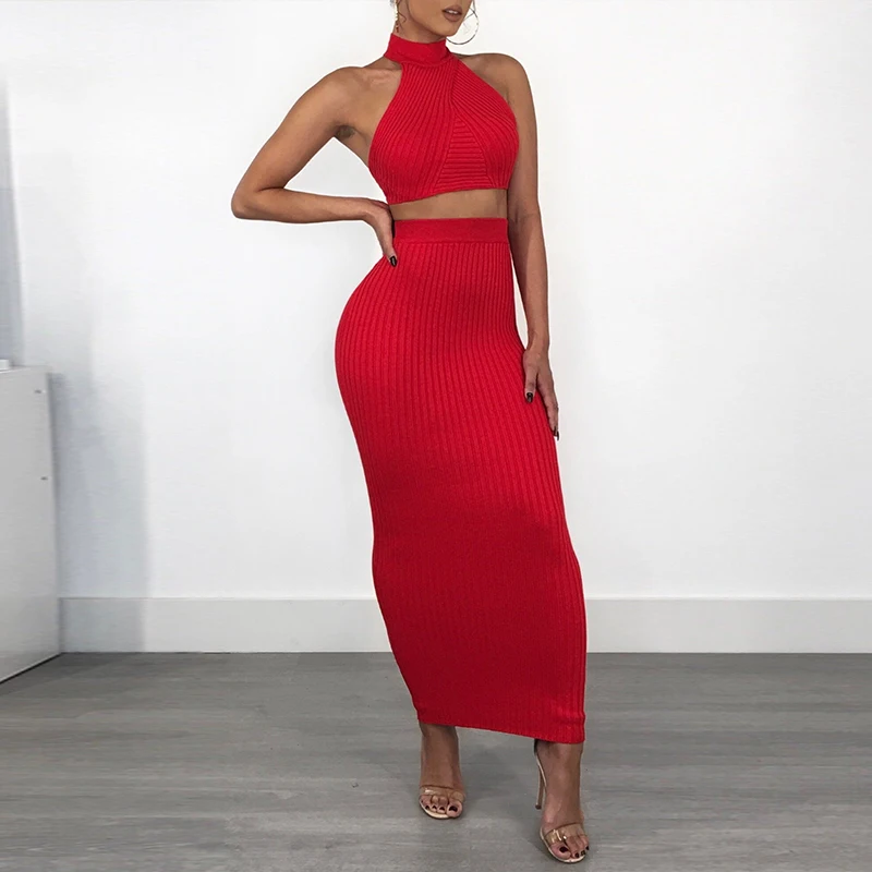 Runwaylover  6454  Bodycon Two Piece Set Dress 2019 Halter Sweater Dresses 2 Piece Knitted dress