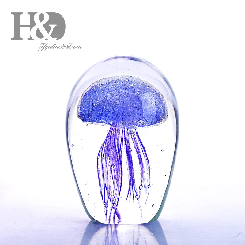 H&D Art Glass Jellyfish with Bubbles sculpture Sea Animal glass Paperweight Glow in the Dark Craft Collection Birthday Gift