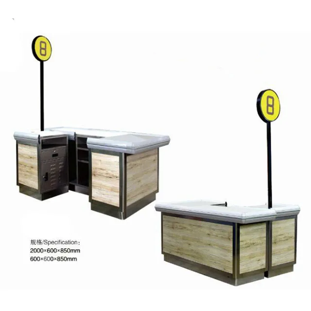 Supermarket Checkout Cash Counter Retail Check out Waiting Design  for sale metal and wooden checkout counter
