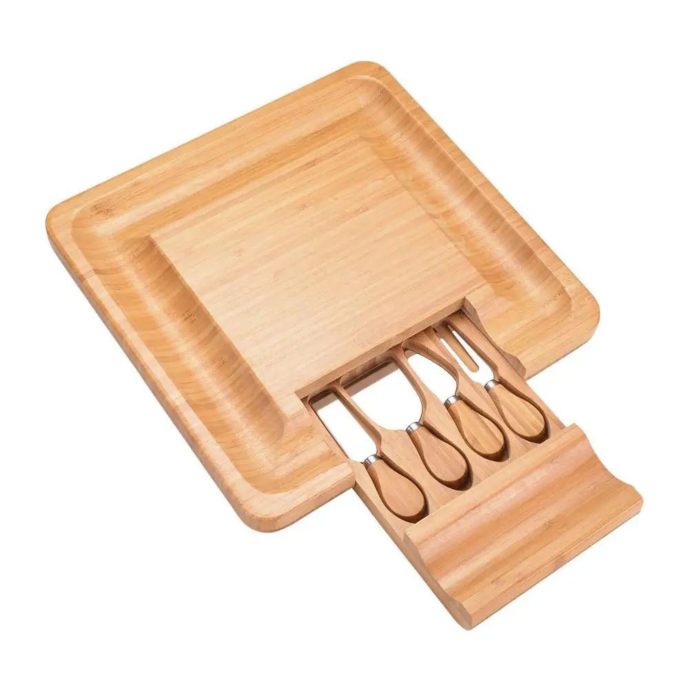 Bamboo Cheese Board and Knife Set, Charcuterie Platter Serving Tray for Wine, Crackers, Brie and Meat