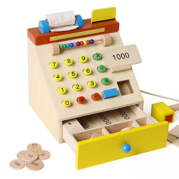Wooden Toy Cash Register with Coins and Dollars;Pretended Wooden Counting Toy