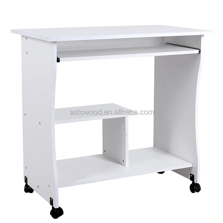 Computer Desk Table in White Color with Pull Out Keyboard Shelf and Movable Wheels