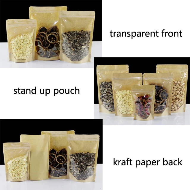 New design clear front kraft paper back stand up zip lock pouch